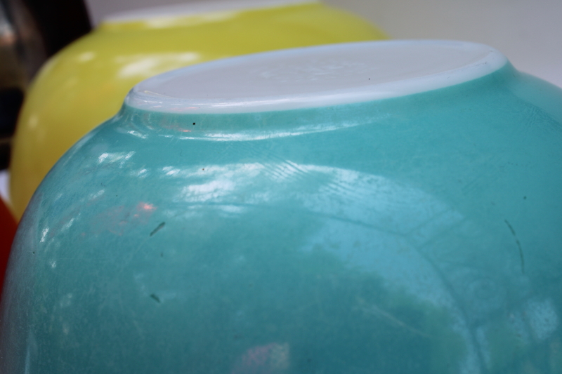 photo of vintage Pyrex primary yellow aqua red mixing bowls 404 403 402 MCM frankenstack retro colors!  #10